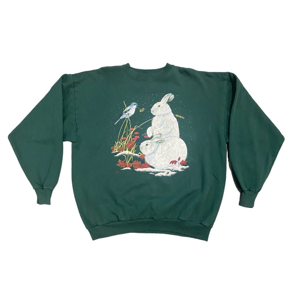 Vintage Sweatshirt Cotton Grove White Rabbit Blue Bird Spring Graphic XL Green